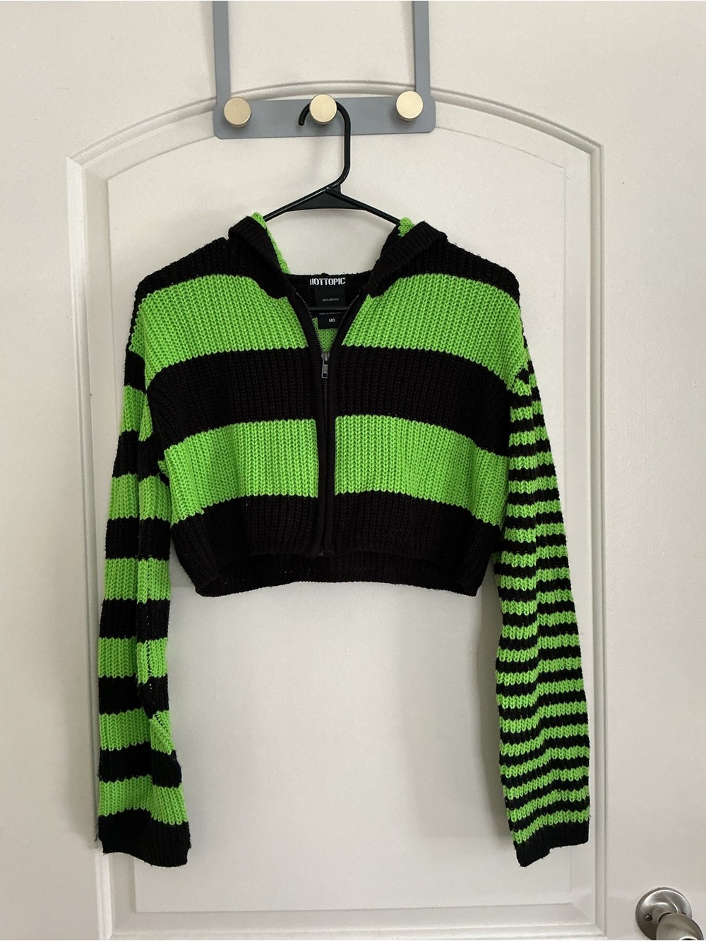 Hot Topic Black & Neon Green Striped Cropped V-Neck Sweater